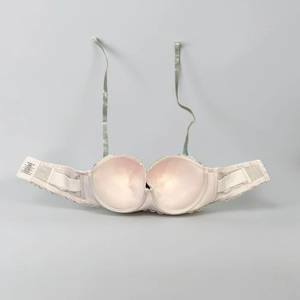 Torrid 38DD Pink Lace Push Up Strapless Bra Underwire Removable Clear Straps